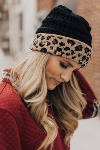 Black knit leopard beanie