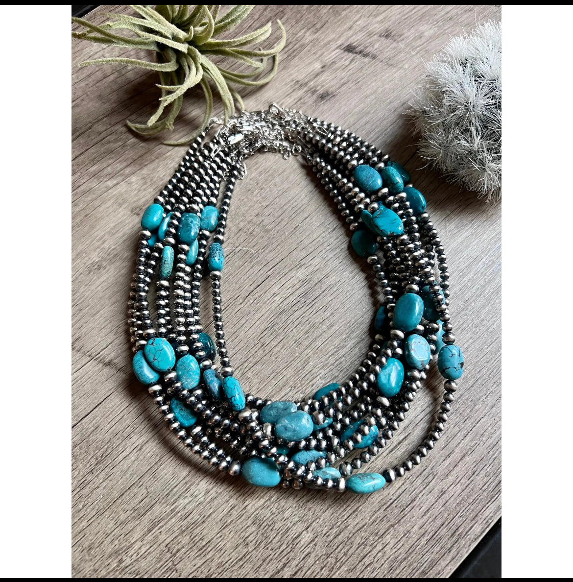 Turquoise choker and Navajo pearls sterling silver